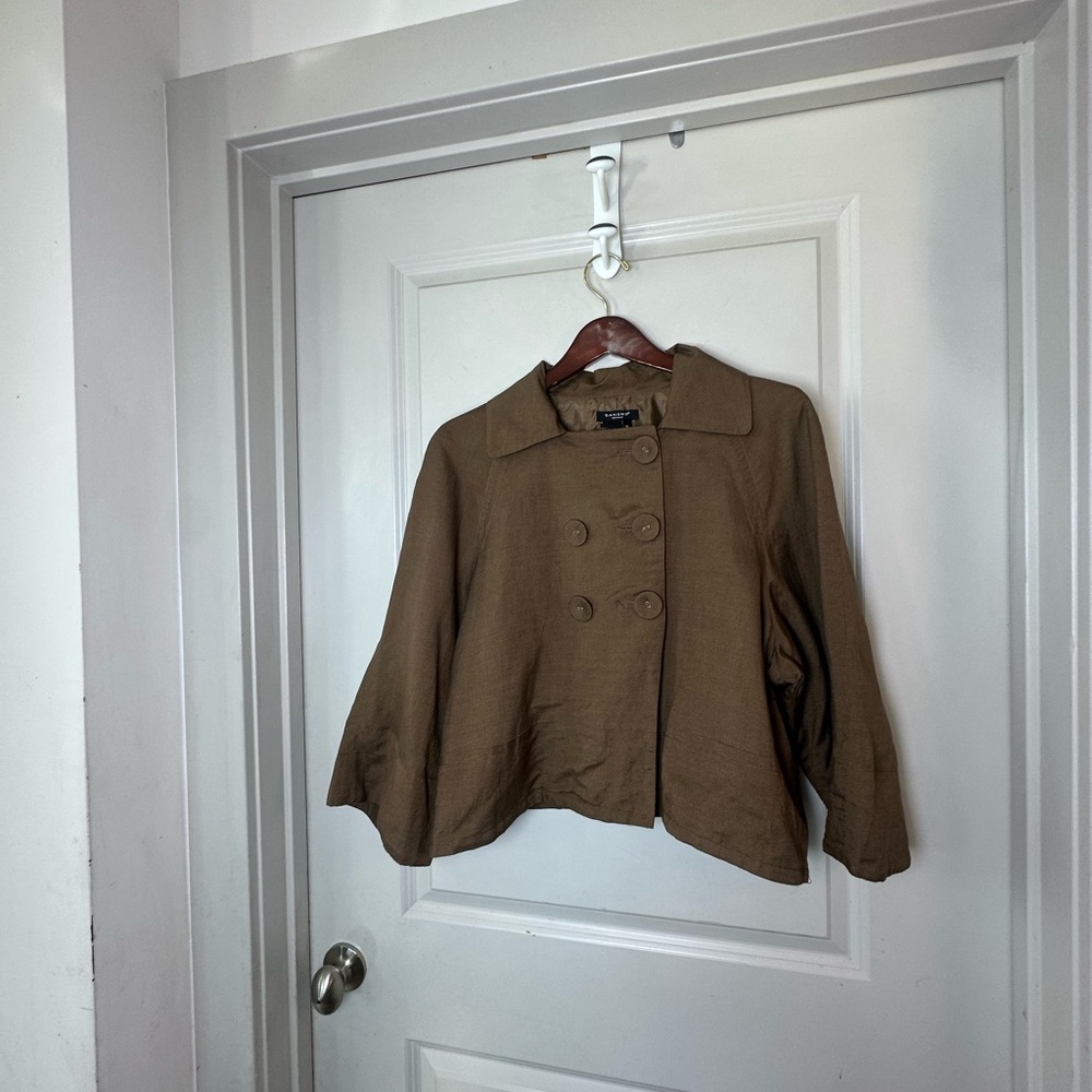 Sandro Linen Blend Crop Double Breasted Lightweight Brown Swing Blazer Jacket,XL - Picture 7 of 7